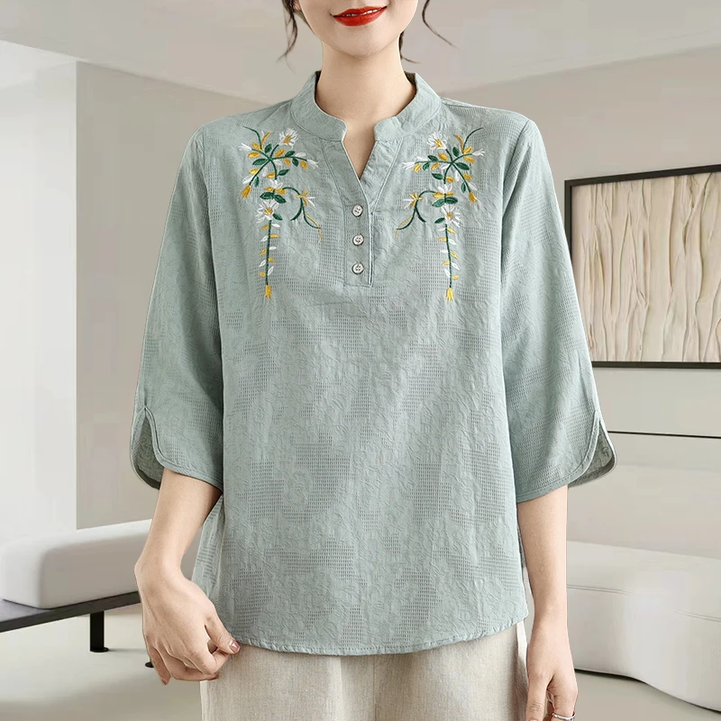 V领提花薄款中袖t恤女夏季2025新款洋气减龄宽松显瘦休闲百搭上衣