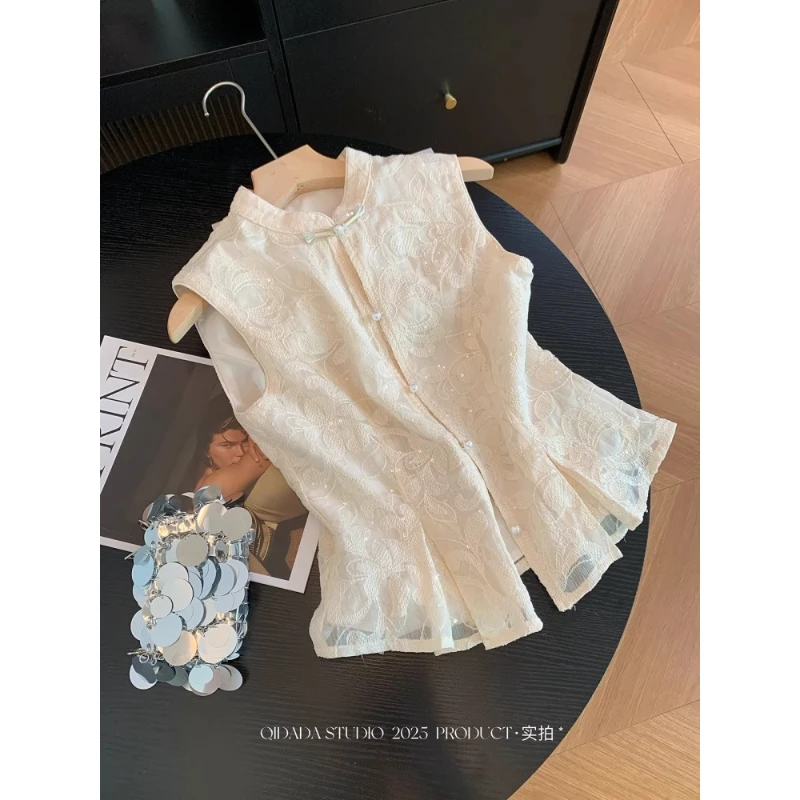 夏季新款新中式刺绣重工无袖衬衫女装收腰短款气质高级感百搭上衣