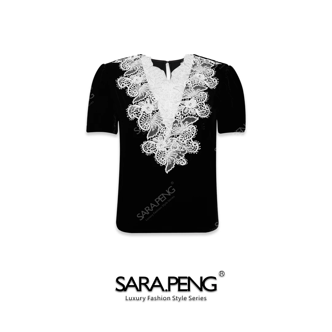 SARA.P下一站天后｜法式桑蚕丝手工刺绣珠花气质短袖上衣｜5D16879