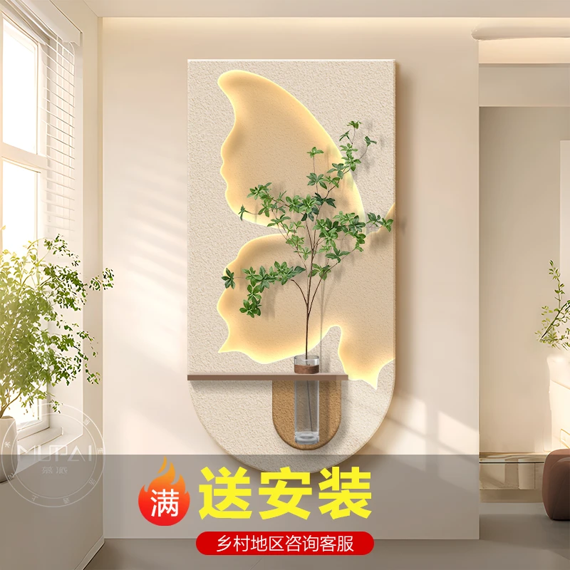 花瓶绿植入户玄关装饰画奶油风走廊过道挂画造景客厅背景墙壁画灯