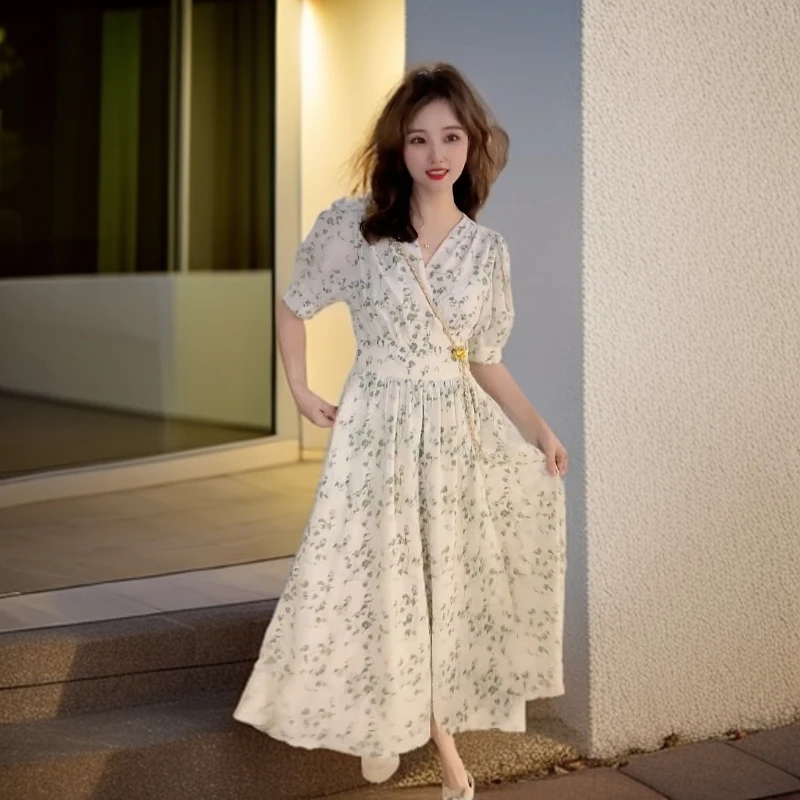 5176#绿【木兮兮专属】2025年夏季新款气质显瘦百搭时尚印花连衣裙