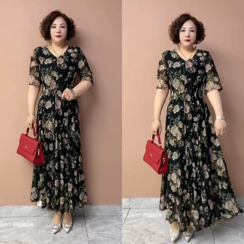 430短袖夏中年妈妈连衣裙高弹洋气碎花时尚气质高端洋气大摆长裙