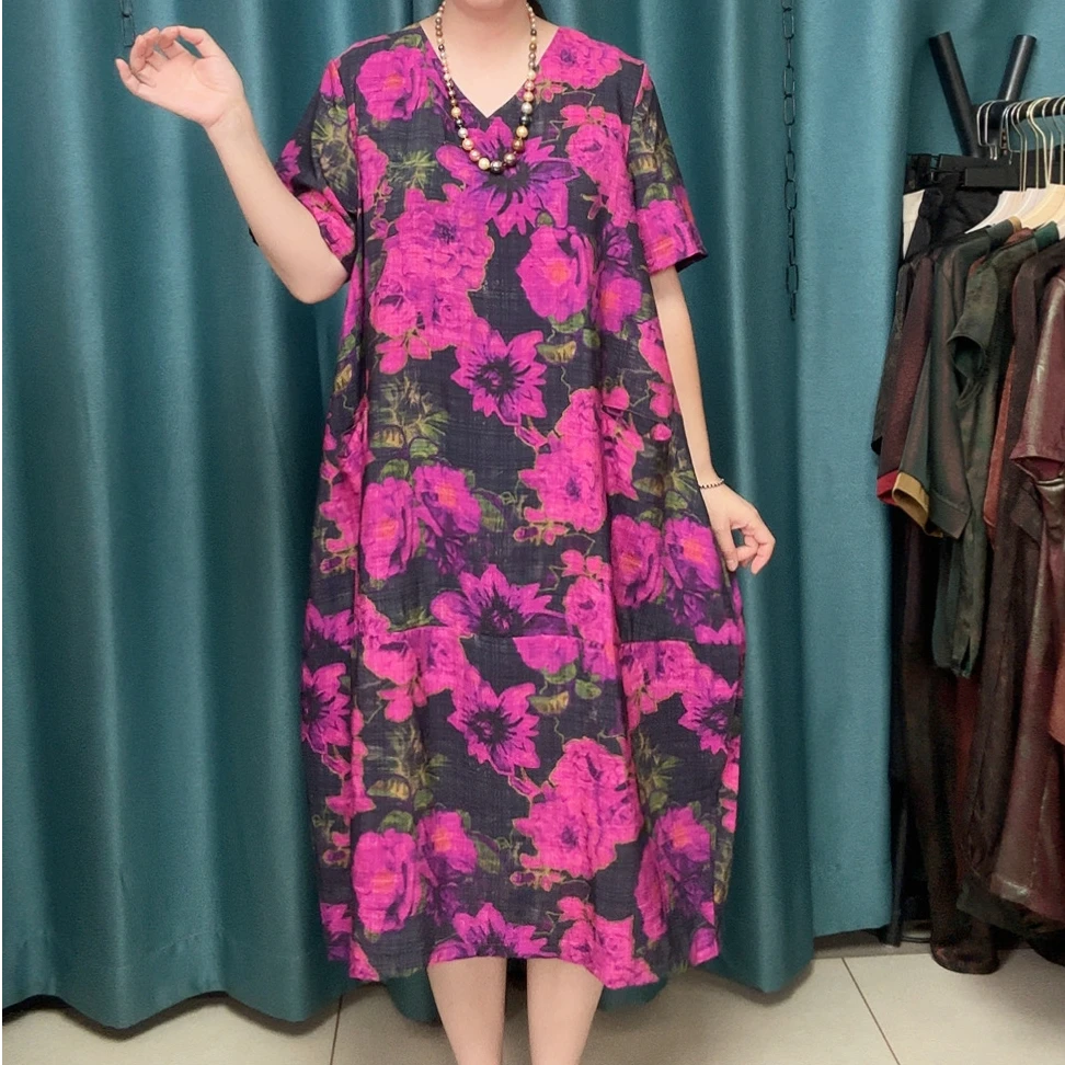 夏季V领宽松薄款时尚中长版连衣裙