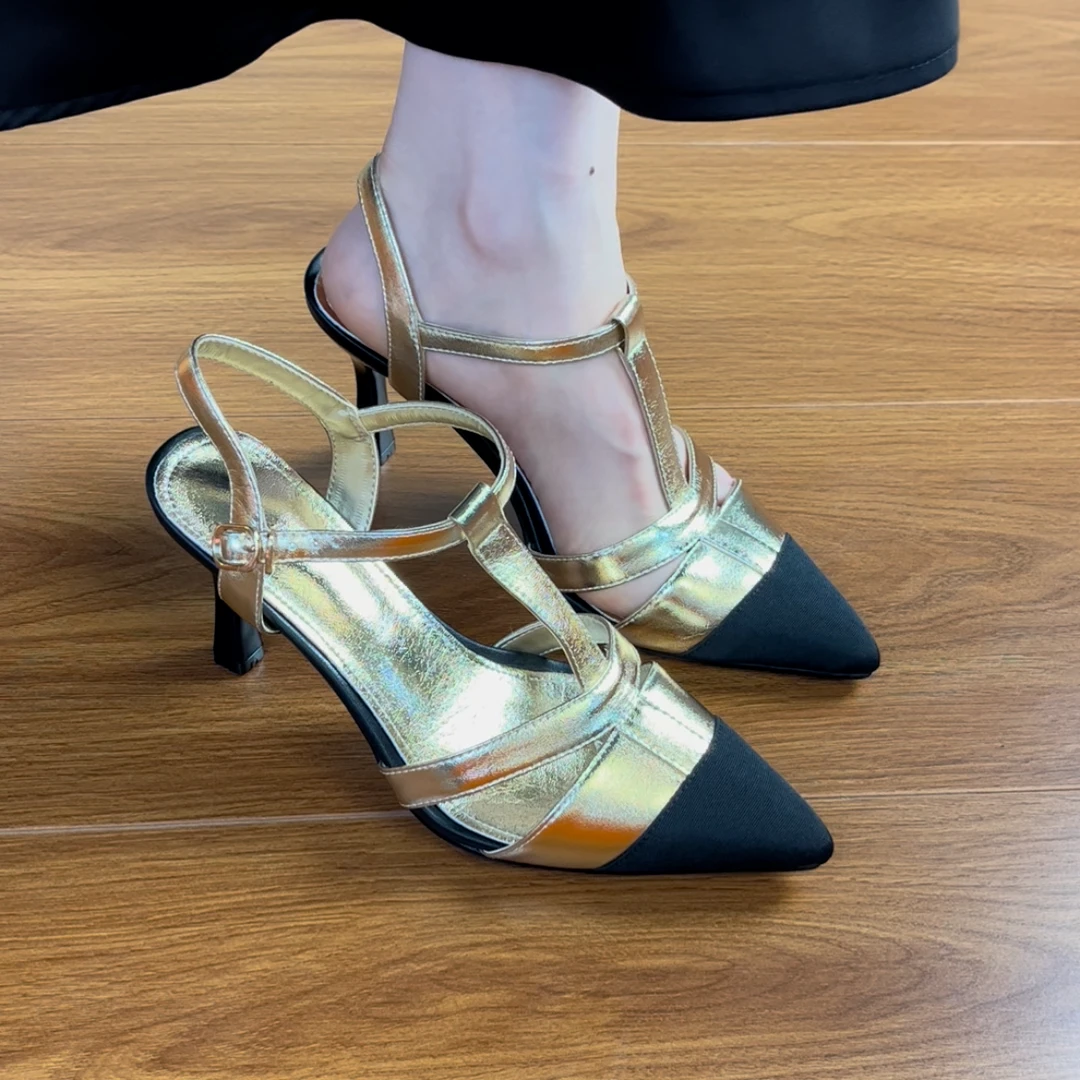 8CM牛皮法式复古小香风拼色时装包头凉鞋女夏季新款T字带镂空凉鞋