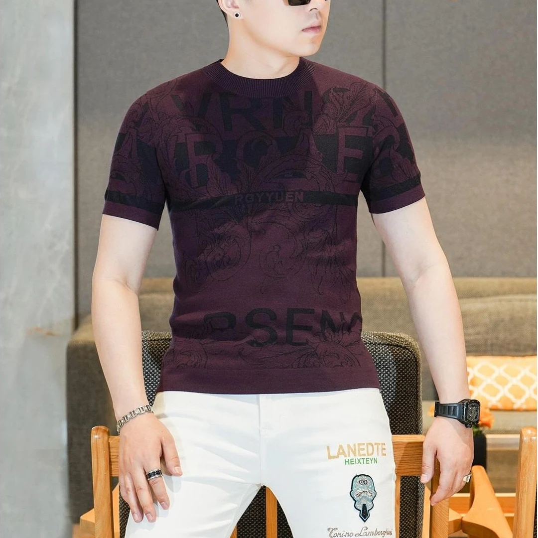 2025秋季新款男士潮流针织衫时尚男混纺短袖圆领提花半袖休闲欧货