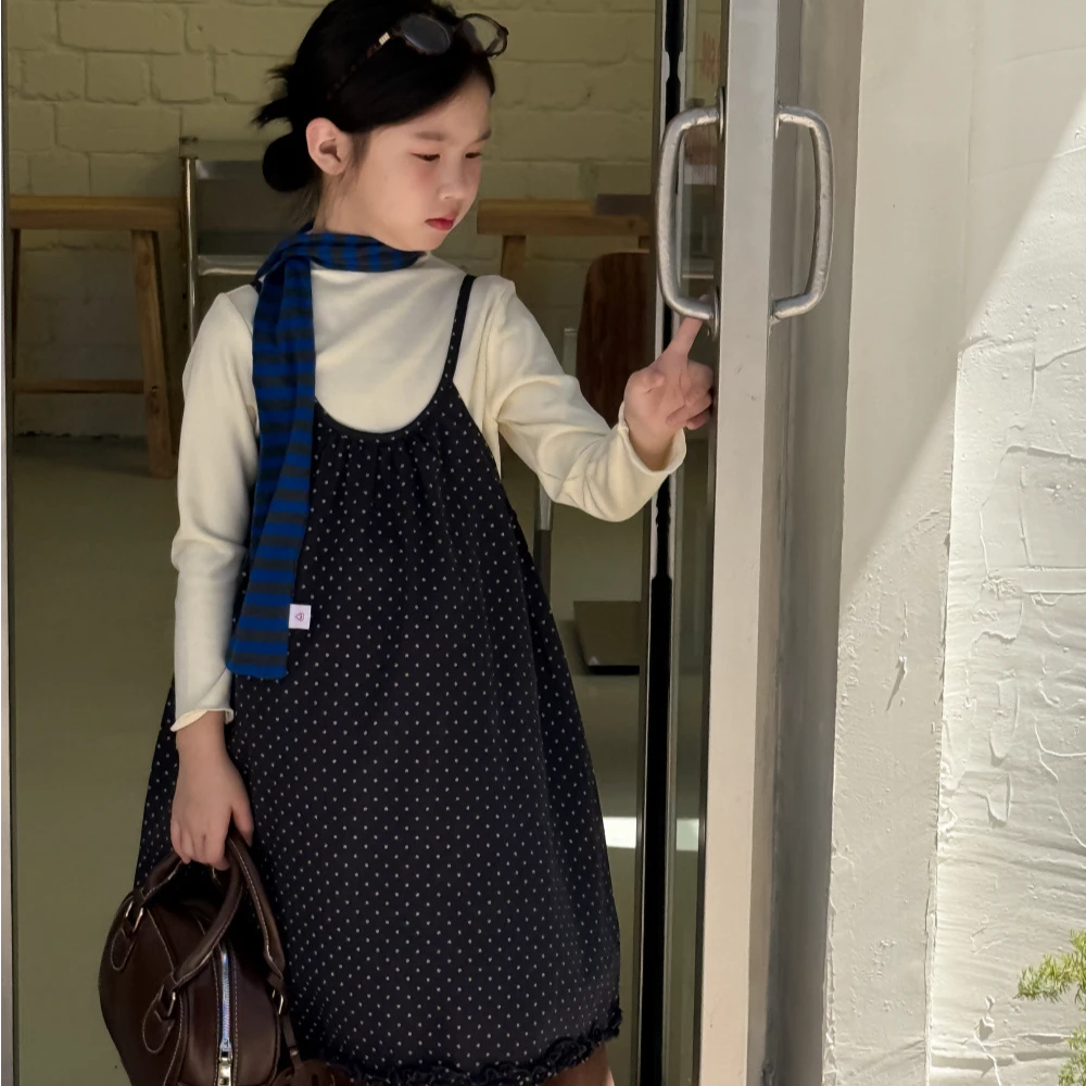 女童裙子2025秋装新款女孩韩版圆点休闲吊带裙宽松无袖花边百搭裙