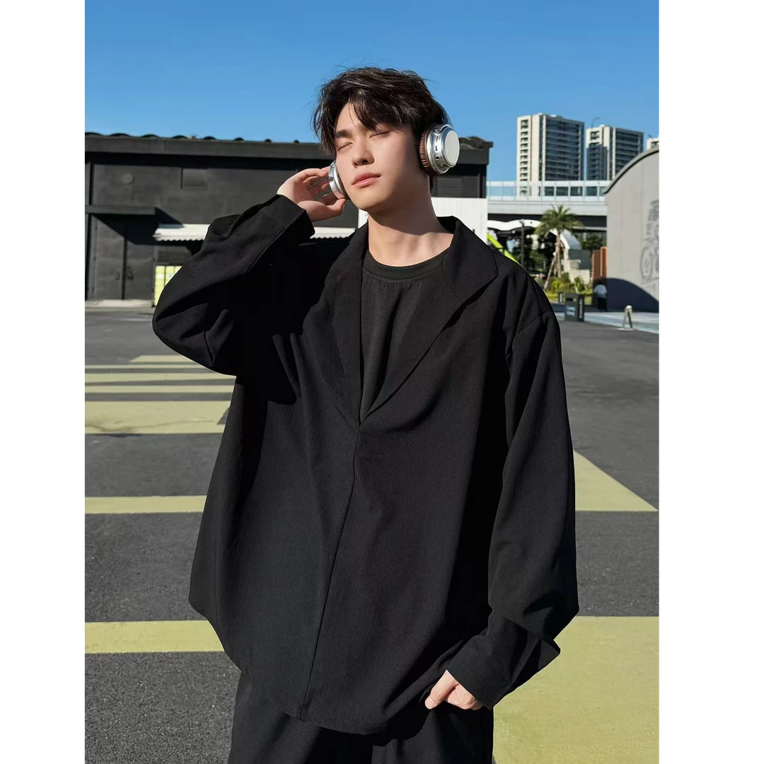 QNMN老钱风假两件套装设计感轻奢痞帅男装简约休闲慵懒感大码男装