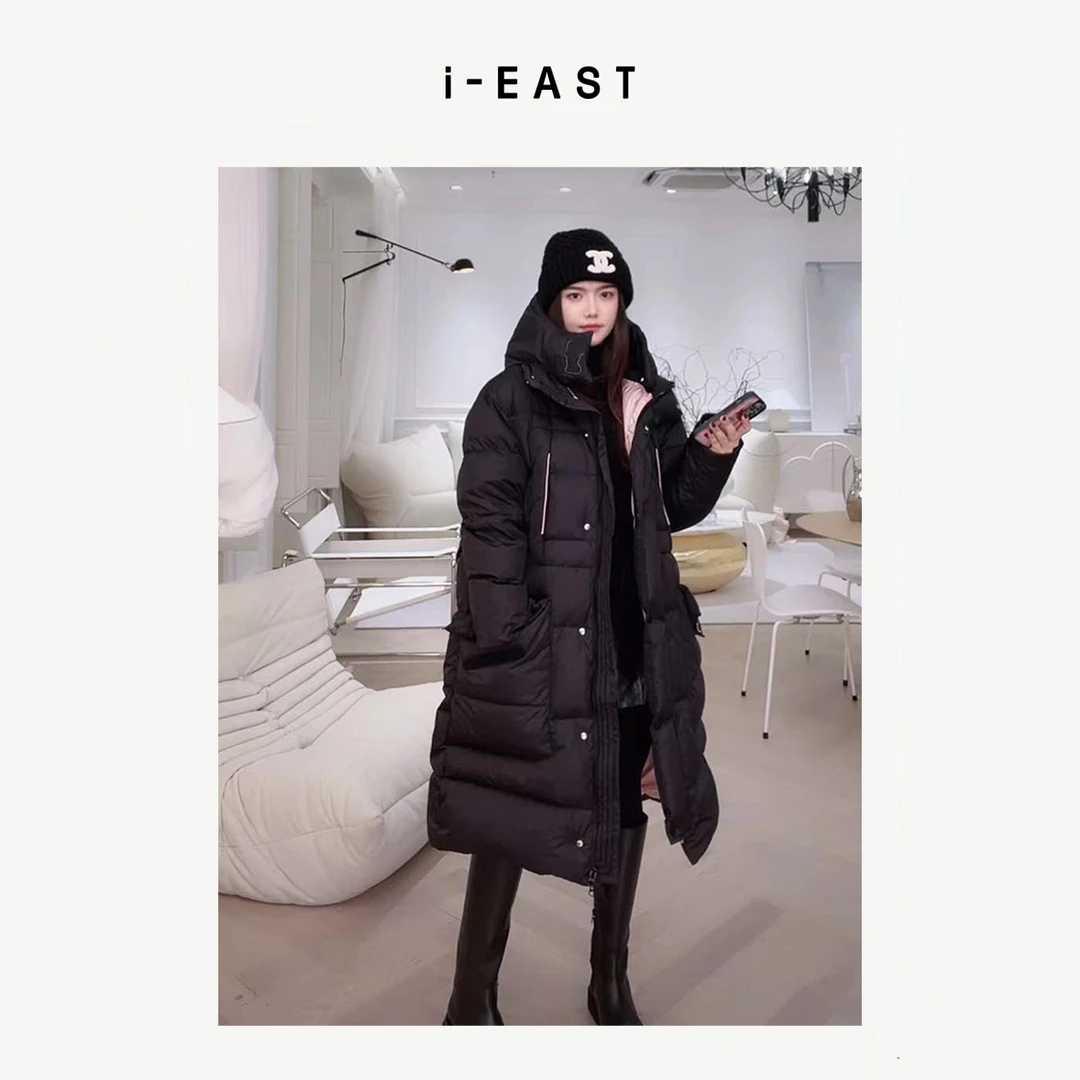 i-EAST 雪山奶盖~口袋翻领撞色长款羽绒服Y22335