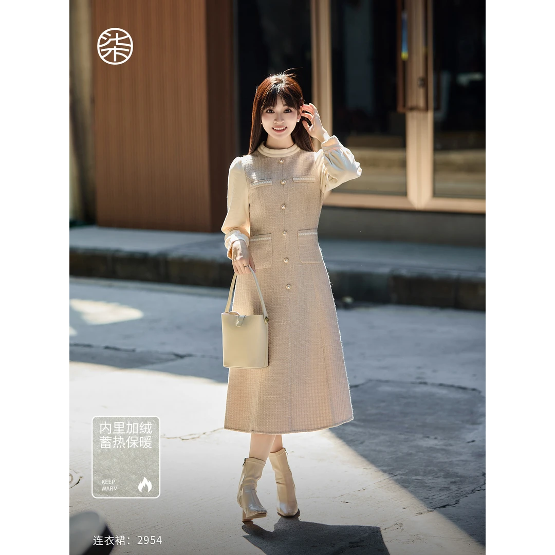 2954柒量一裁小个子小香风粗花呢拼接长袖长款连衣裙外出洋气裙子
