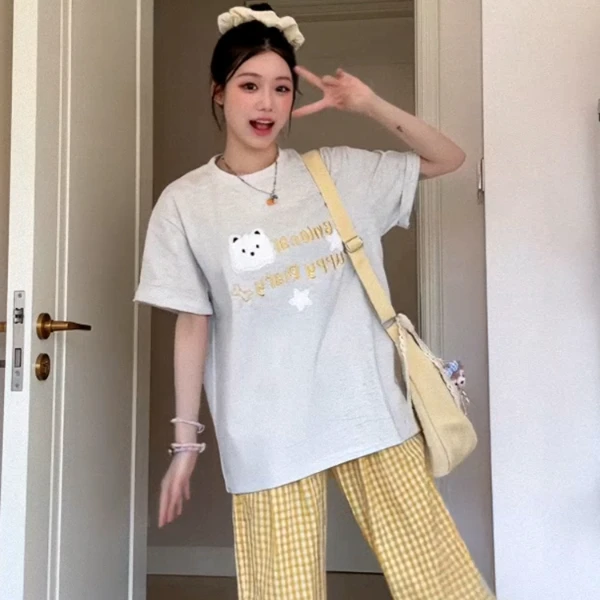 可爱洋气趣味小狗印花短袖t恤女2025年夏季新款休闲百搭显瘦上衣