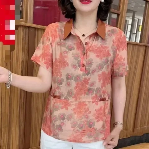 中老年夏季新款短袖气质大码妈妈装透气显瘦宽松百搭印花薄款T恤