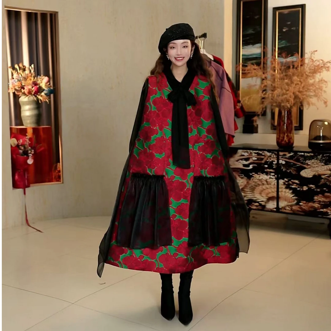 1384篱君秋季新款拼纱马甲新中式国风提花重工V领宽松女士背心裙