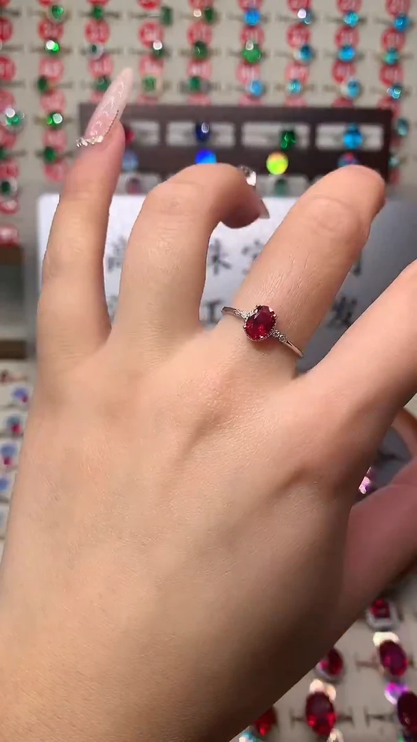 银S925镶嵌戒指红宝石5*7 酒红 银托