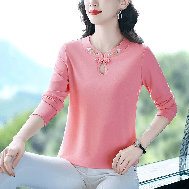 长袖t恤女春秋2025中式国风刺绣打底衫中年妈妈宽松大码圆领上衣