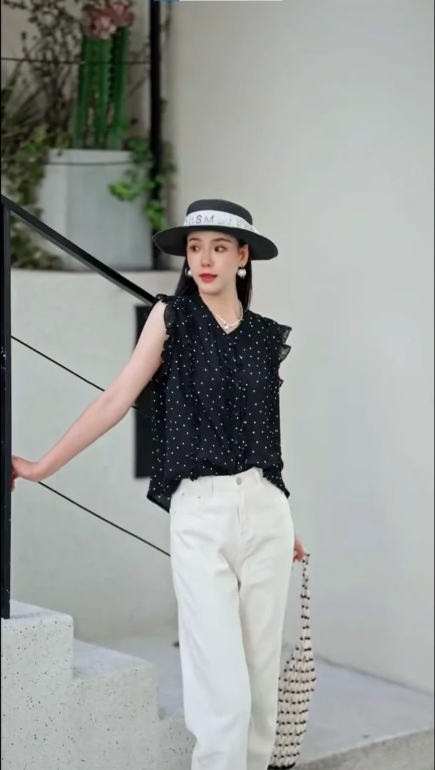 波点圆领木耳拉链无袖夏季衬衫休闲女装上衣雪纺衫