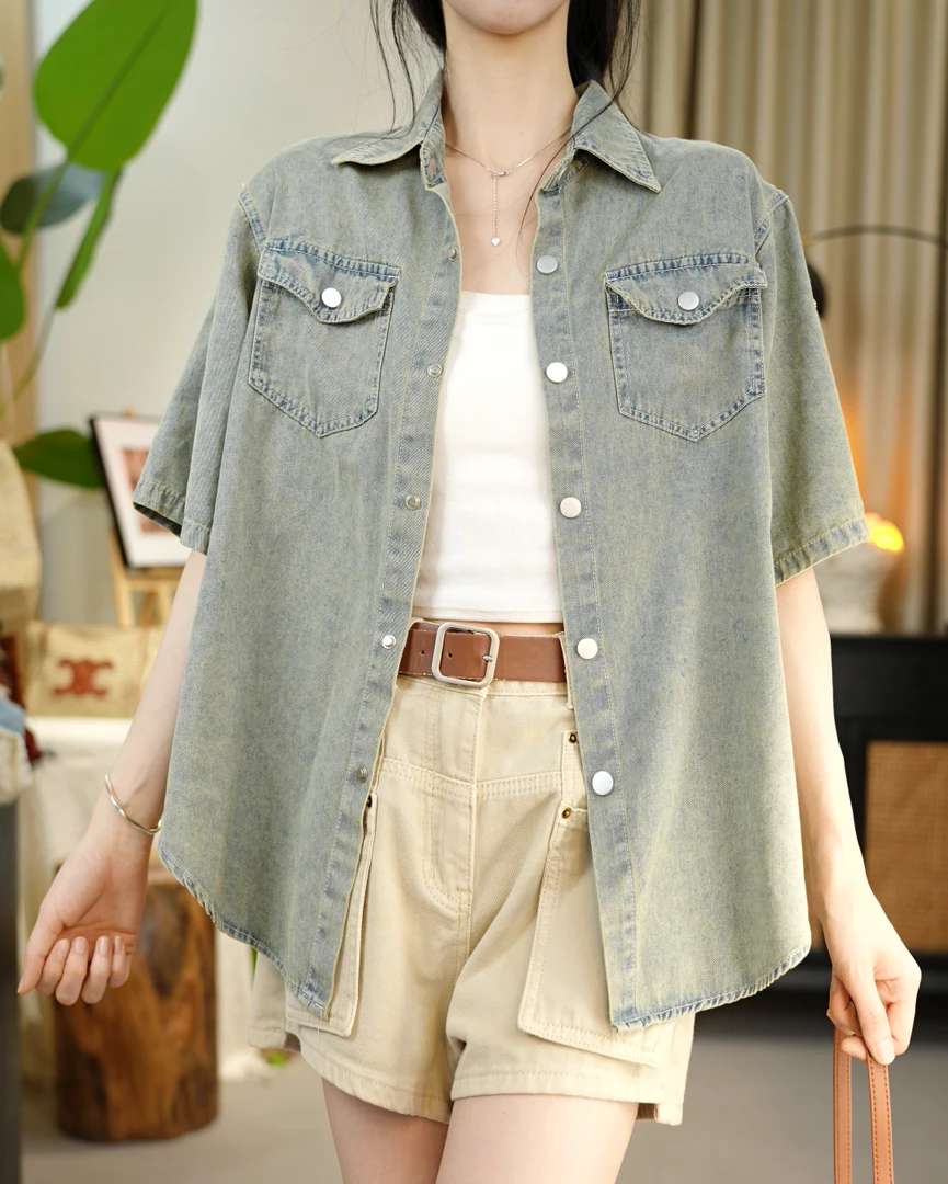 广州唐乐乐～复古怀旧牛仔破洞设计短袖衬衫外搭宽松女上衣BF0037