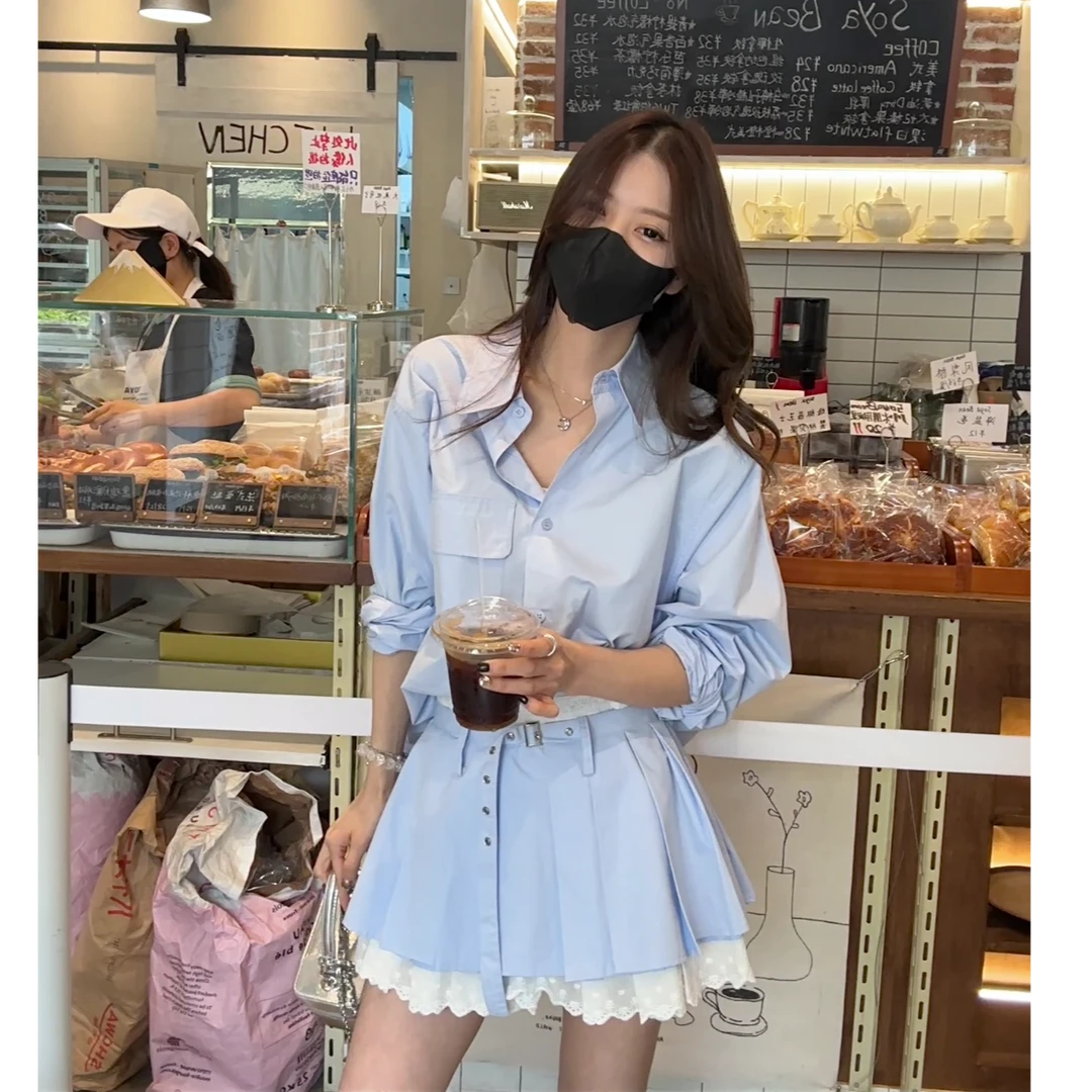 BT春夏学院风套装女蓝色长袖衬衫蕾丝花边百褶短裙两件套