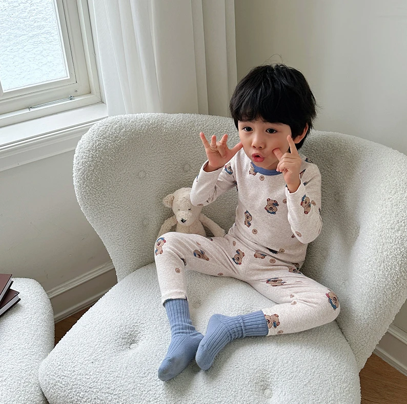 A12 儿童秋衣套装  米灰拍照熊 【280克棉】