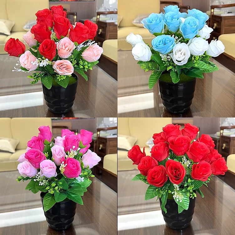 仿真花仿真玫瑰花假花装饰绢花客厅餐桌摆件塑料花盆家居摆设插花