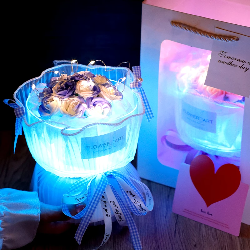 情人节玫瑰花永生花带灯高级感碎冰蓝送母亲送女友老师男友节日