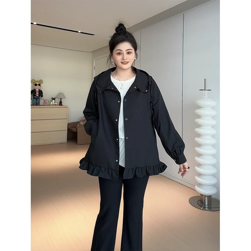 【胖佳佳】暮雨初春 荷叶边连帽外套春季宽松棒球服H625Z00529