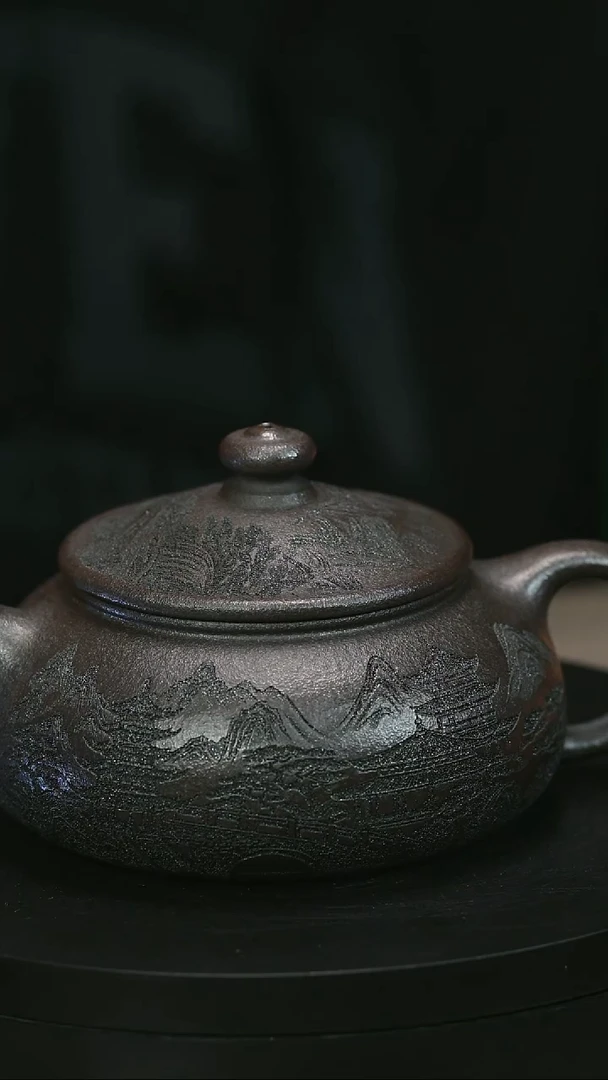 茶壶紫砂男*景H1961高运石黄刻绘寒江