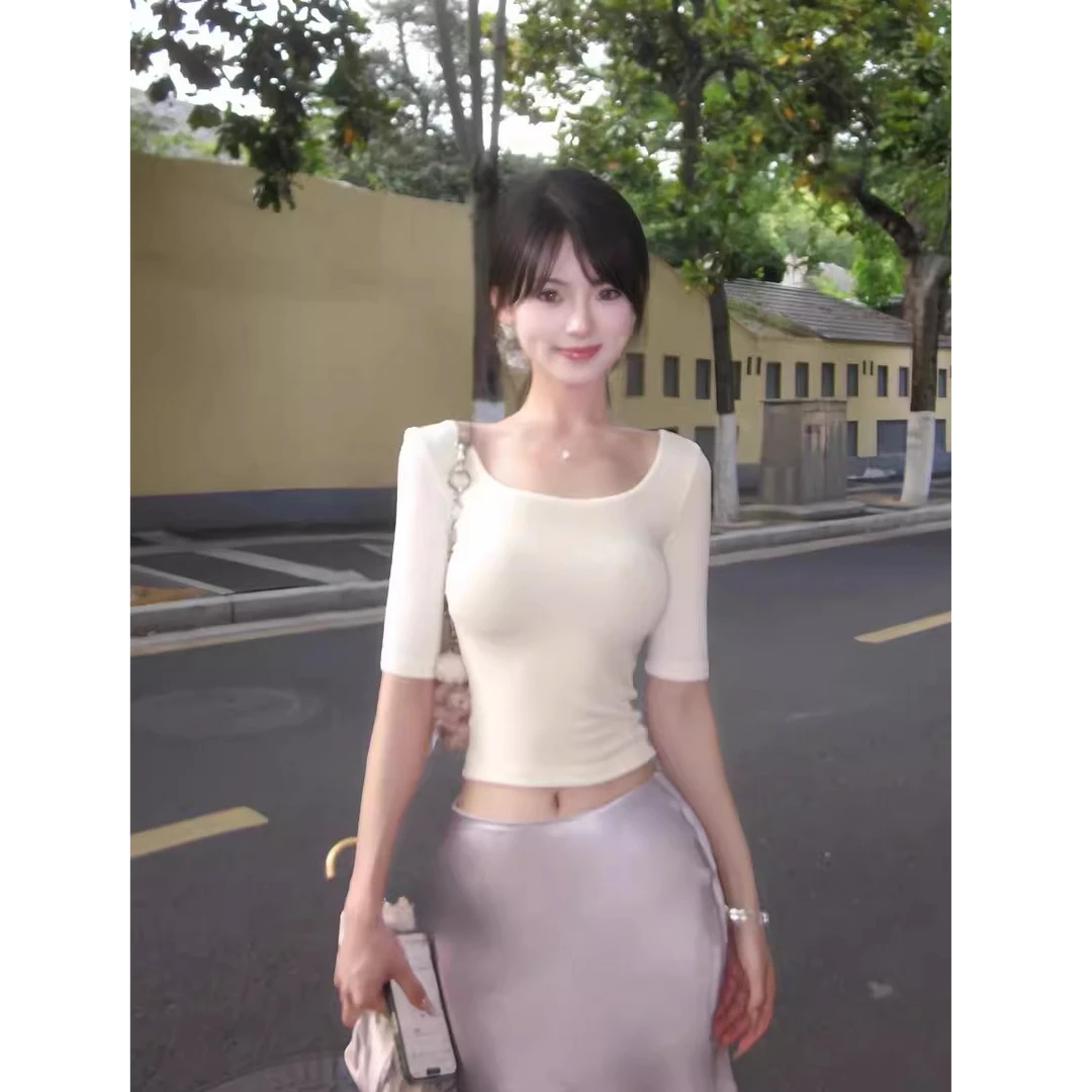 纯欲套装白色U领中袖T恤短款上衣低腰紫色缎面半身短裙两件套裙子