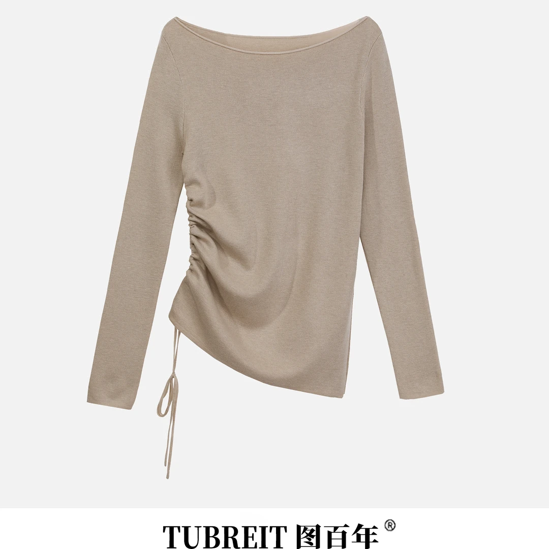 TUBREIT/图百年一字领抽绳修身打底羊毛针织衫新款上衣女时尚百搭