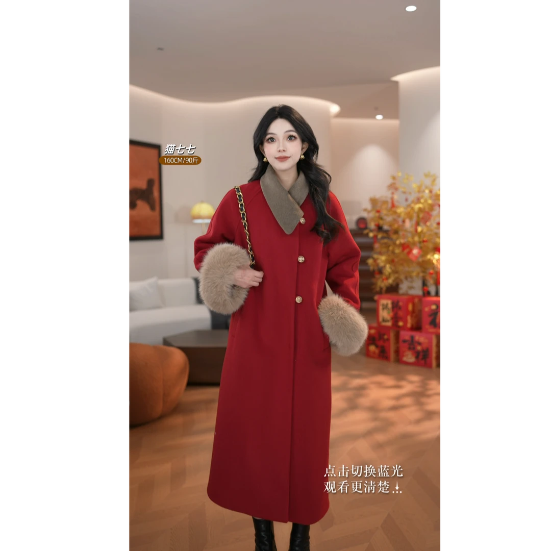 【猫七七】气质网红轻奢时尚红色中长款秋冬大衣