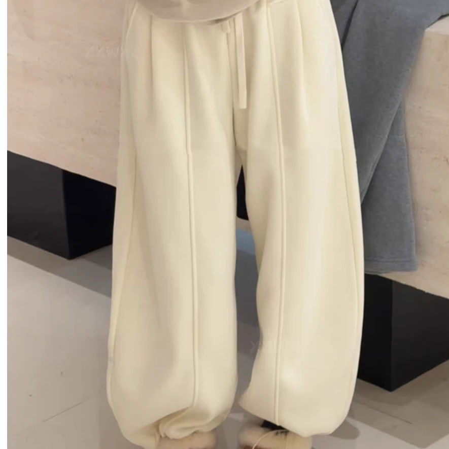 冬季新款百搭休闲纯色时尚加绒卫裤女抽绳束脚两穿阔腿松紧腰裤子