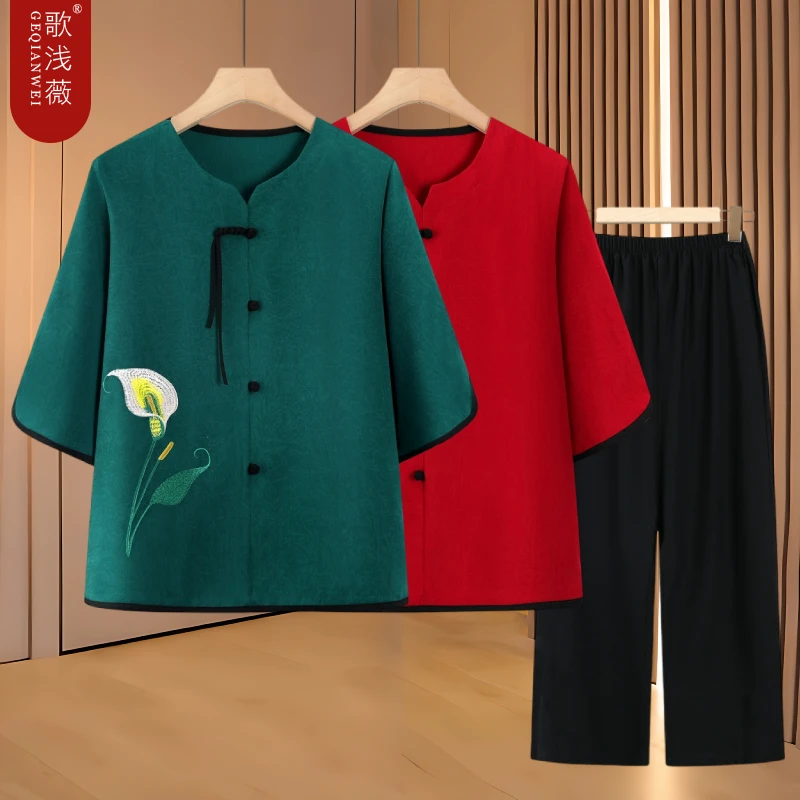 中老年人女装妈妈夏装宽松洋气圆领套头套装中袖奶奶老太太两件套