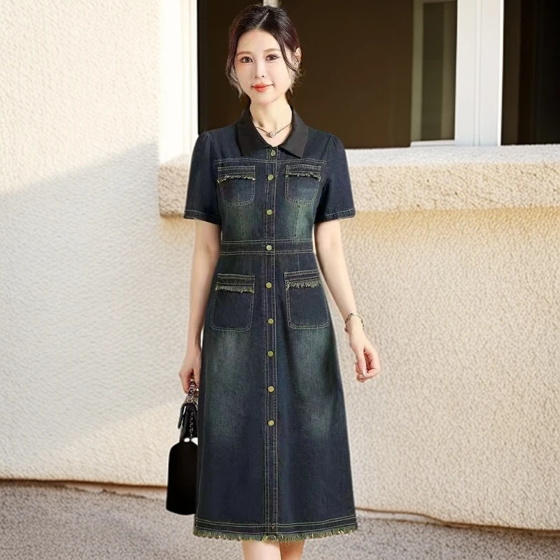 033#【木兮兮专属】2025年夏新款气质时尚百搭假两件中长款连衣裙