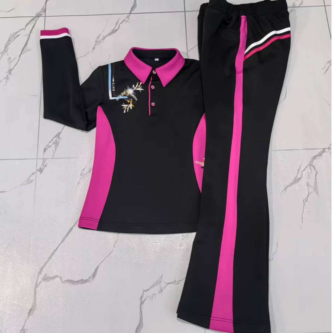 佳木斯健身操休闲时尚衬衫领显瘦修身大气黑色荧光粉长袖微喇套装