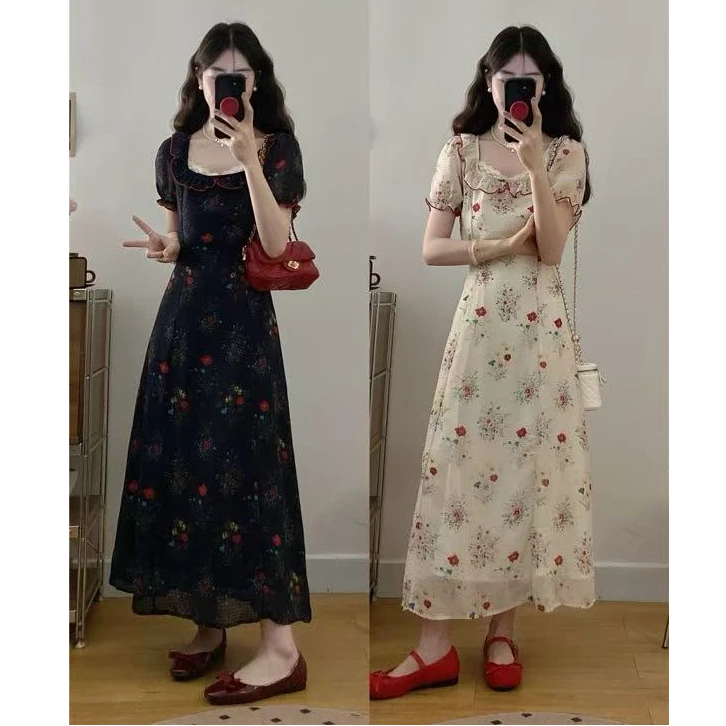 2025年夏季新款大码女装蕾丝花短袖连衣裙收腰显瘦泡泡袖长裙1584