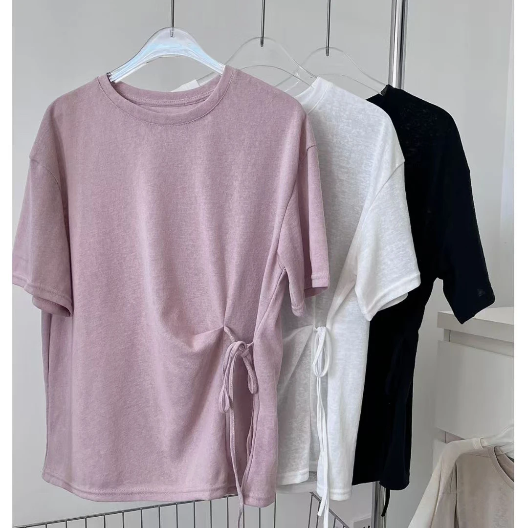 2502雪花棉宽松版轻盈透气侧腰绑带设计感短袖T恤