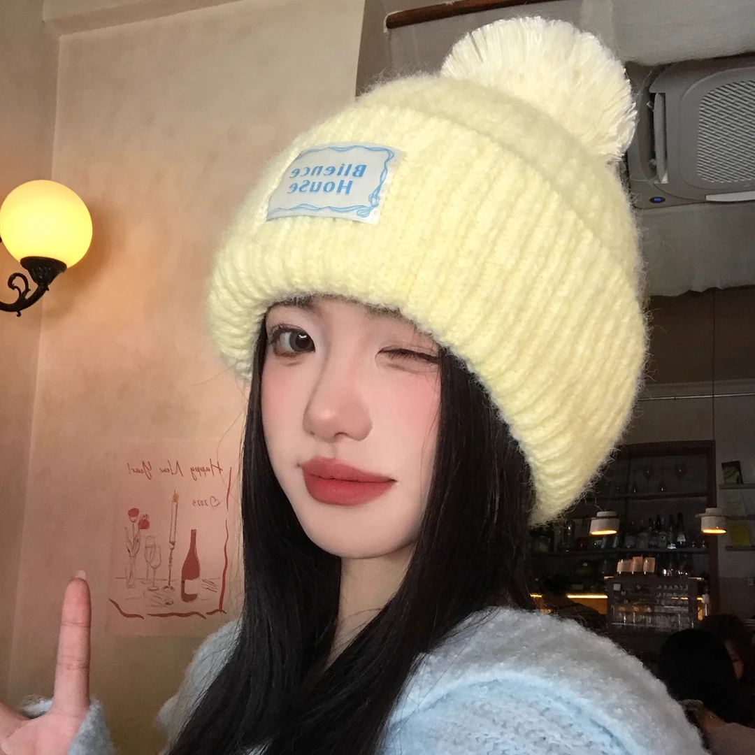 毛球针织毛线帽子冬天毛茸茸女大头围保暖套头帽显脸小防寒包头帽