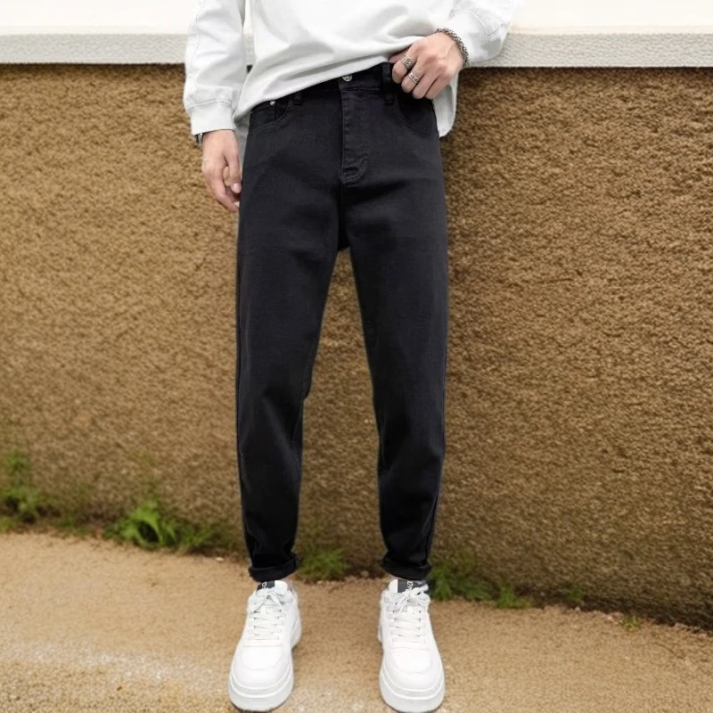 秋冬新款男中腰宽松加绒黑色百搭牛仔裤中腰锥形男牛仔裤