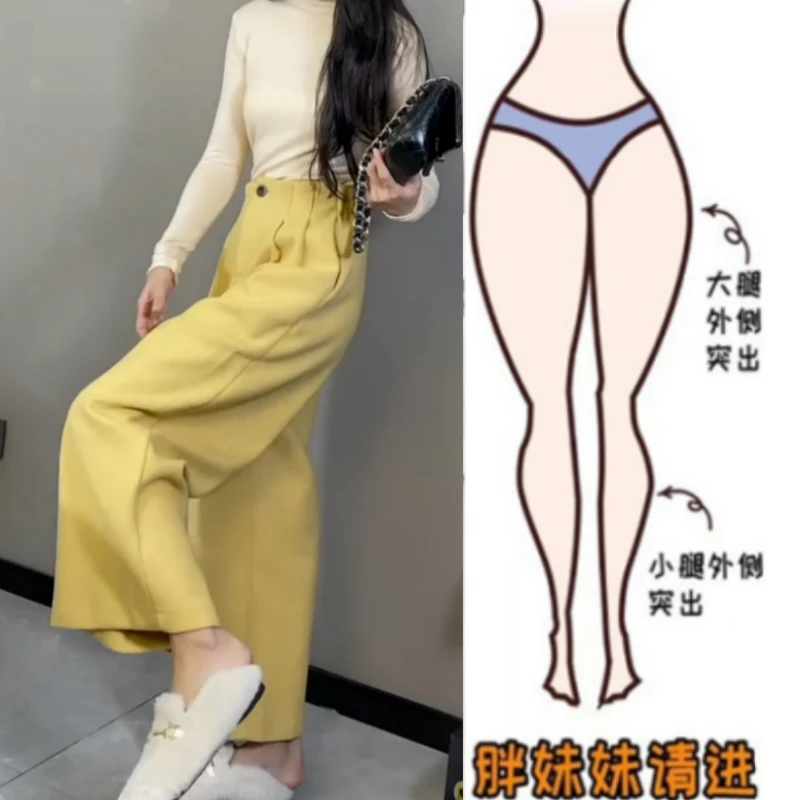 格洛森2025早春新款胖妹妹简约高腰显瘦百搭小个子九分阔腿毛呢裤