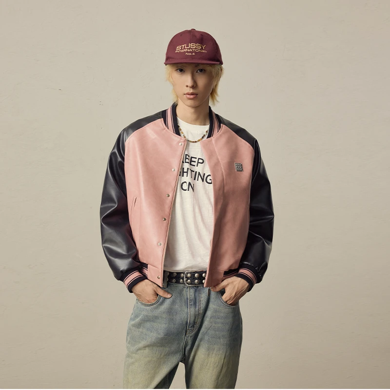 Lookun 草莓夹心 PU夹克外套情侣拼色百搭复古休闲男秋冬街头舒适