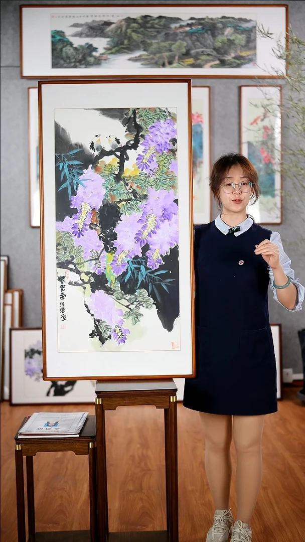 国画汪琼《紫云图》手绘带框122*62