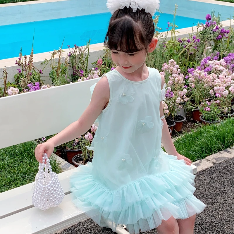 尤画2025夏季新款绿薄荷女童背心裙时尚蝴蝶结中大童连衣裙68239