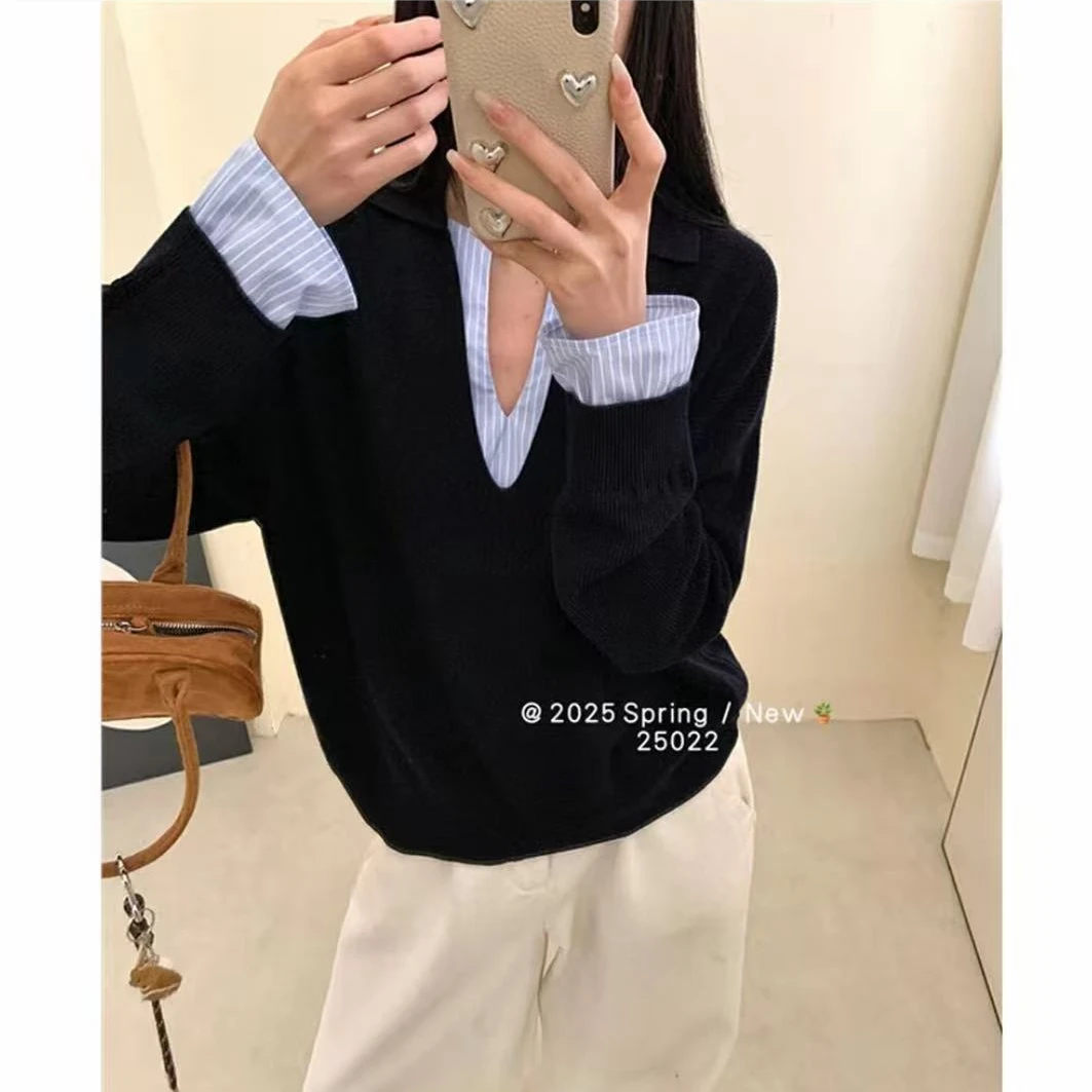 韩式条纹 拼接假两件长袖针织衫女秋冬新款设计感宽松显瘦V领上衣