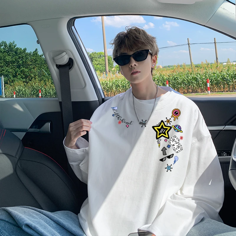 重磅纯棉印花纯棉长袖T恤宽松百搭潮牌潮流体恤秋季新款圆领休闲