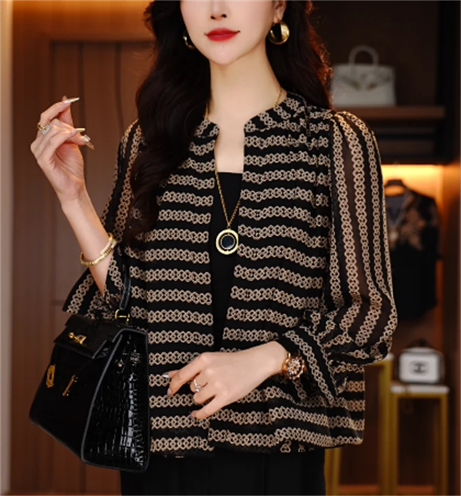 诺诗 春夏季新款洋气宽松显瘦优雅轻奢气质印花百搭衬衫V24H405