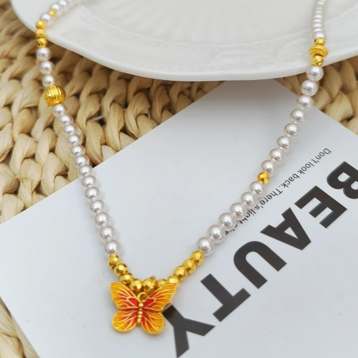 吊坠足银仿珍珠 蝴蝶锁骨小米珠项链搭配珍珠气质百搭时尚仙女