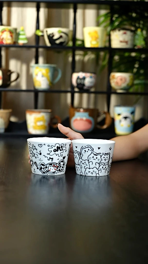 杯子简约款线条猫咪陶瓷手握杯 1个
