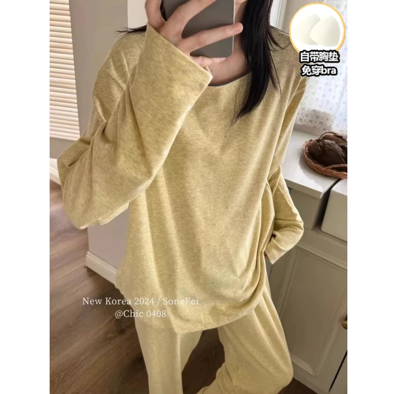 棉羊绒带胸垫睡衣女秋冬款韩版慵懒风简约宽松长袖长裤外穿家居服