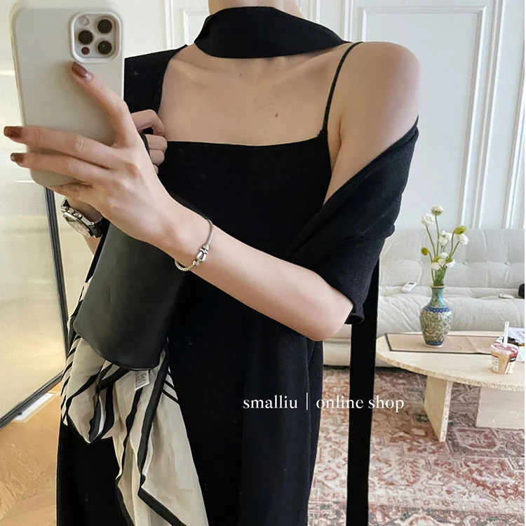 SAMLLIU老钱风夏季连衣裙黑色闪闪针织丝麻可五一旅游出街裙子