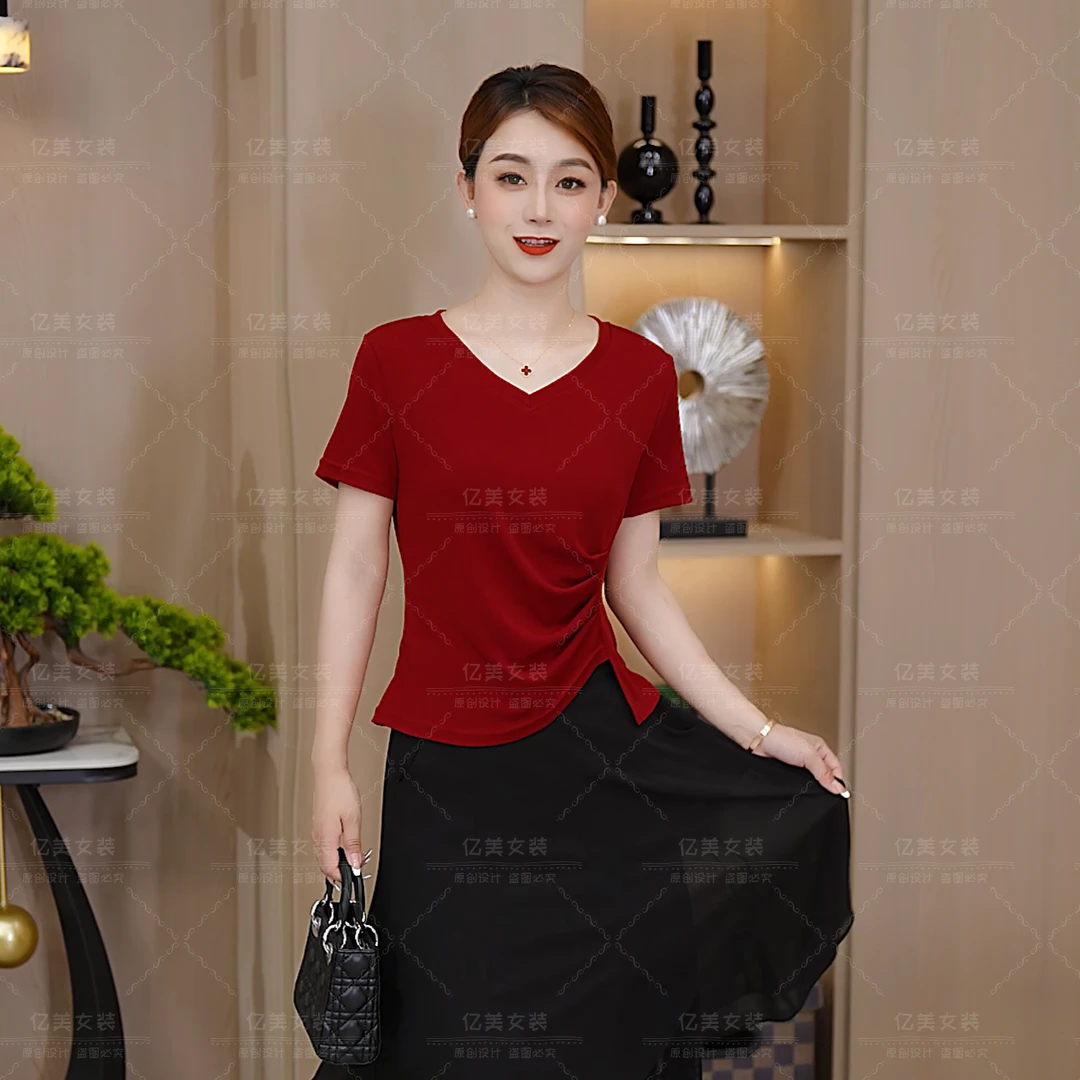 2025新款爆款女短袖T恤显瘦气质修身时尚夏季不规则上衣遮肚子