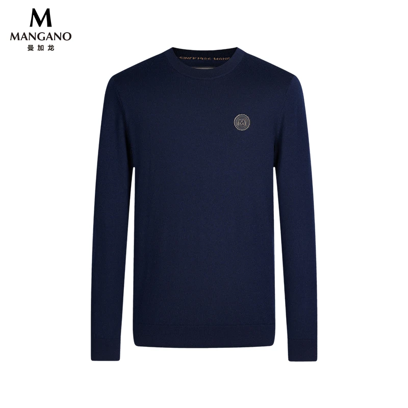 曼加龙秋冬新款男士新款刺绣圆领羊毛衫男纯羊毛针织衫7248207